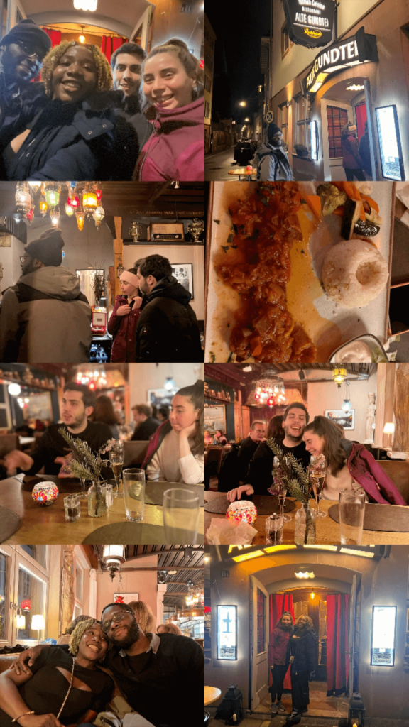 A photo collage displaying various scenes of friendship and dining. Top left: A group selfie with three friends smiling at night. Top right: The illuminated sign of 'Alte Gundtei' restaurant. Middle left: Two friends in a deep conversation. Middle right: A plate of Ezmeli Kebab with rice. Bottom left: Friends laughing and conversing around a table. Bottom middle: Two friends cuddling and smiling. Bottom right: Two friends standing outside the red door of the restaurant. The ambiance is festive and intimate, capturing the essence of a night out with friends.